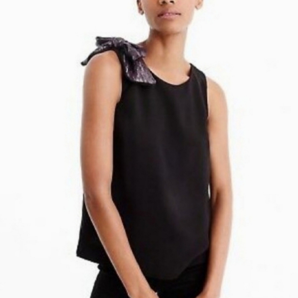 J Crew Drapey black purple tank with shoulder bow 8
